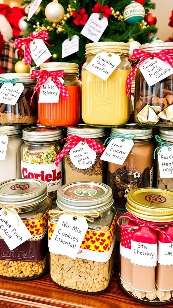 Creative Christmas Gift Ideas in a Jar A collection of creative Christmas gift jars filled with cookie mix, hot cocoa, and spa items, decorated with ribbons and labels.